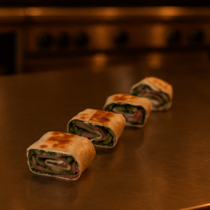 Tortiliju suktinukai su serano kumpiu , raugintais agurkais , philadelphia kremu